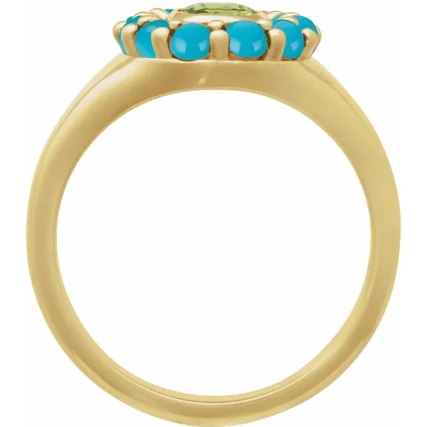 Yellow Gold Natural Peridot & Natural Turquoise Halo-Style Ring
