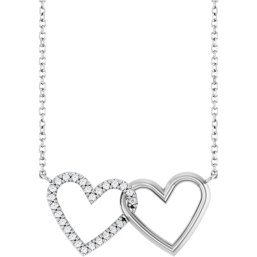 14K White Gold Diamond Double Interlocking Heart Necklace