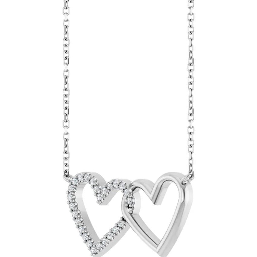 14K White Gold Diamond Double Interlocking Heart Necklace