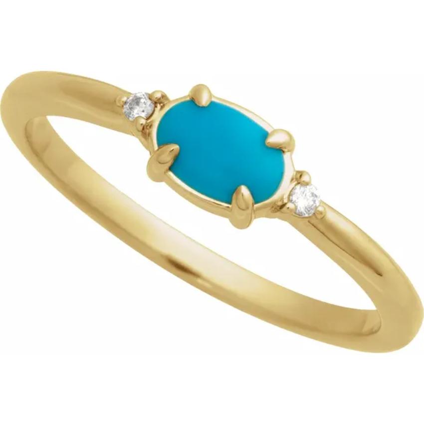 "Yellow Gold Natural Turquoise & Diamond Cabochon Ring "