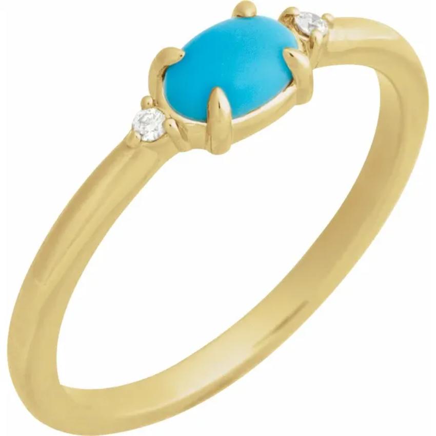 "Yellow Gold Natural Turquoise & Diamond Cabochon Ring "