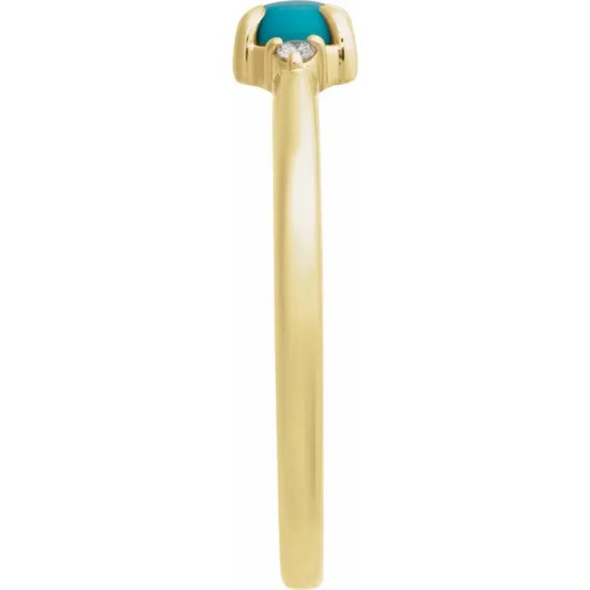 "Yellow Gold Natural Turquoise & Diamond Cabochon Ring "