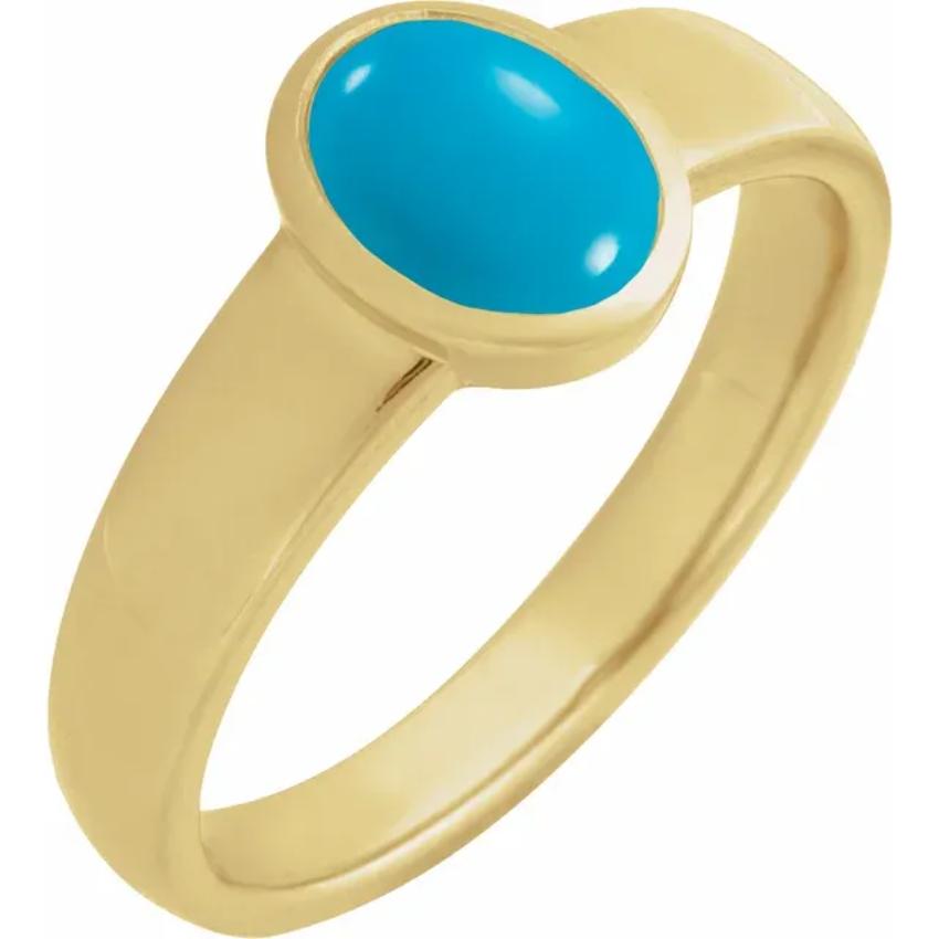 Yellow Gold Natural Turquoise Bezel Set Cabochon Ring