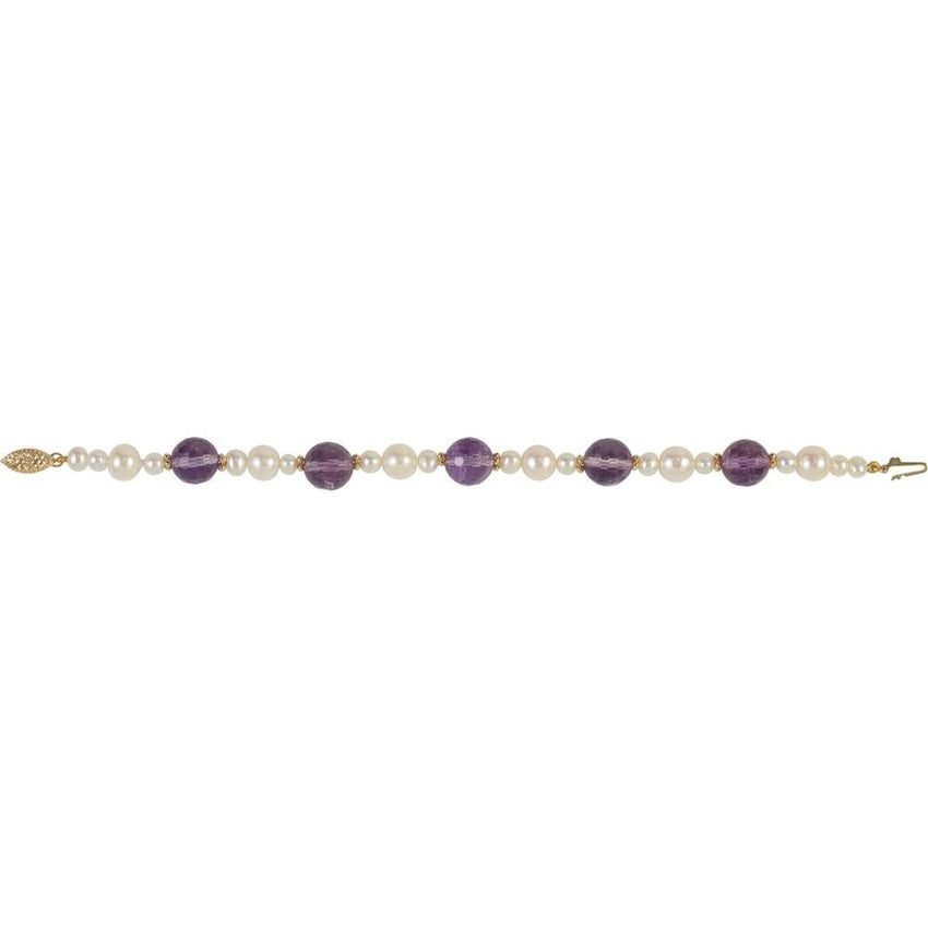 14K Gold Amethyst & Pearl Station Beaded Bracelet