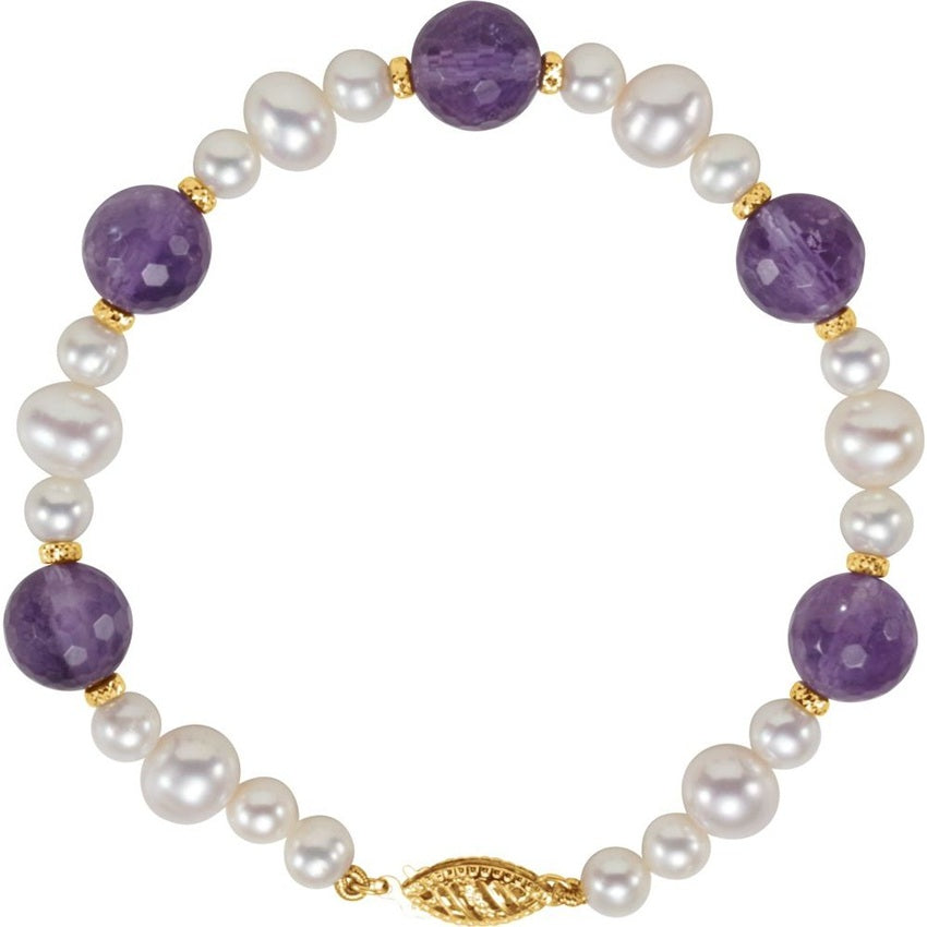 14K Gold Amethyst & Pearl Station Beaded Bracelet