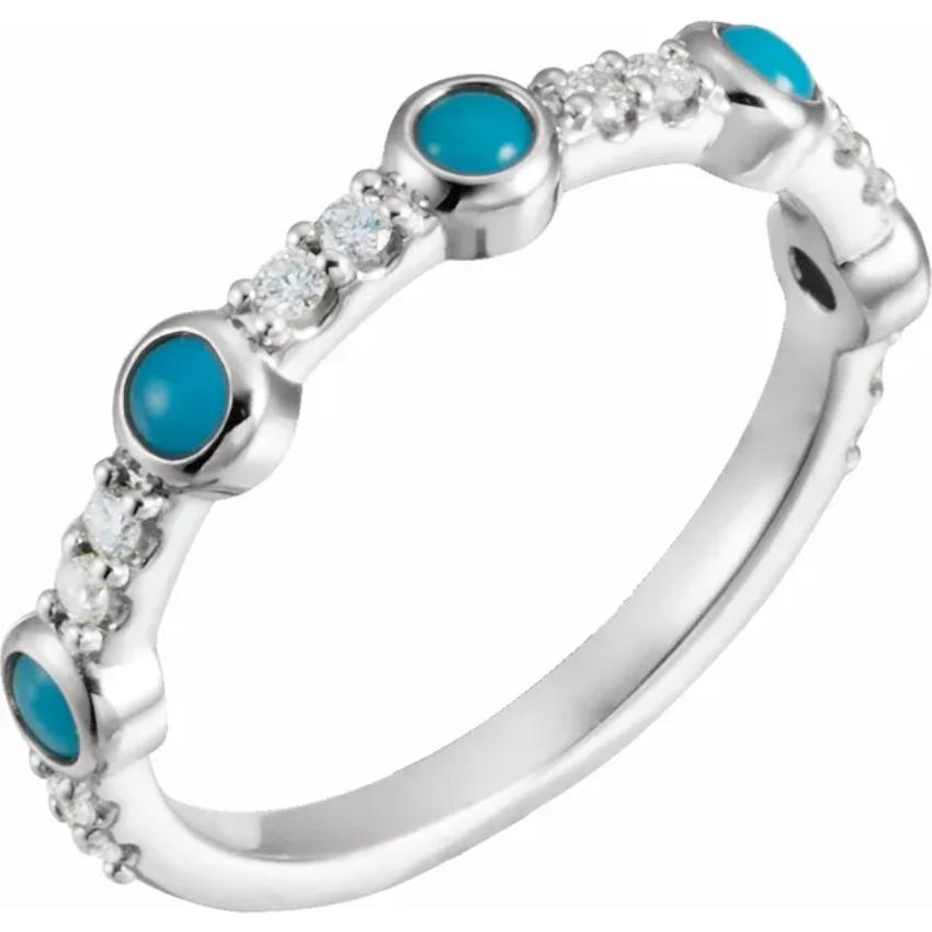White Gold Cabochon Natural Turquoise & Diamond Ring