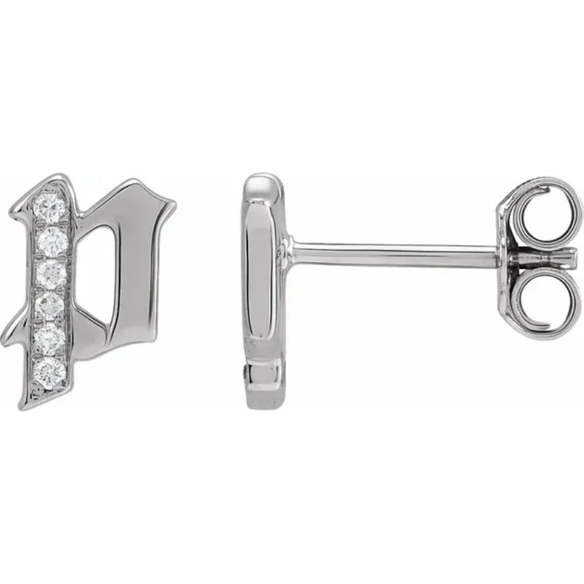White Gold Diamond Gothic Initial Earring