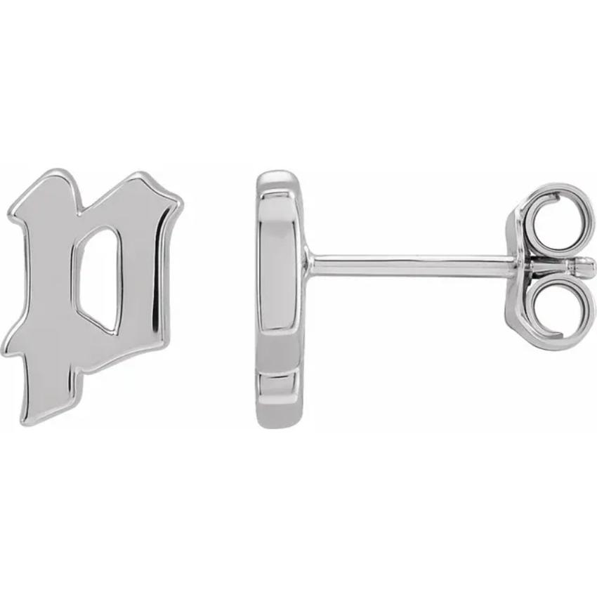 White Gold Gothic Initial Earring