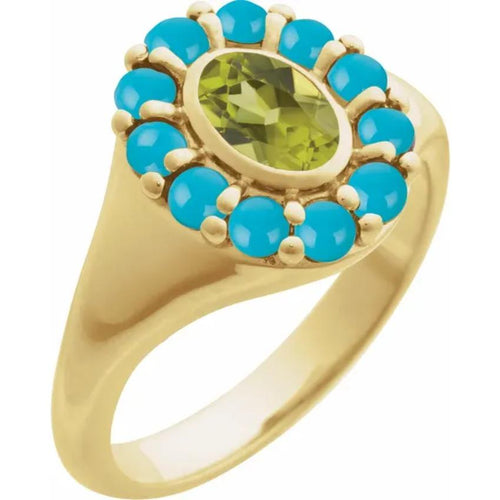 Yellow Gold Natural Peridot & Natural Turquoise Halo-Style Ring