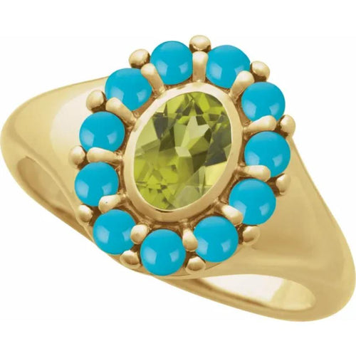 Yellow Gold Natural Peridot & Natural Turquoise Halo-Style Ring