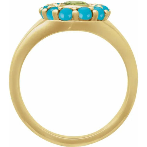 Yellow Gold Natural Peridot & Natural Turquoise Halo-Style Ring