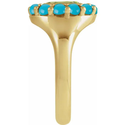 Yellow Gold Natural Peridot & Natural Turquoise Halo-Style Ring
