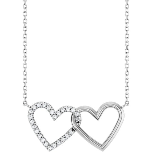 14K White Gold Diamond Double Interlocking Heart Necklace