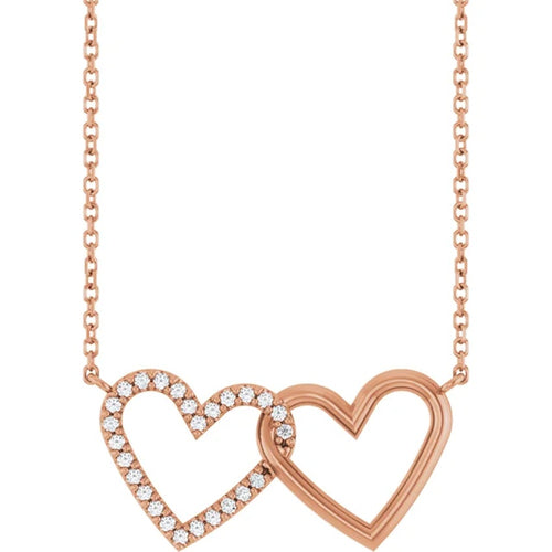 14K Rose Gold Diamond Double Interlocking Heart Necklace
