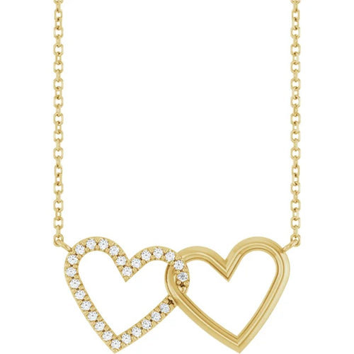 14K Yellow Gold Diamond Double Interlocking Heart Necklace
