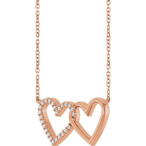 14K Rose Gold Diamond Double Interlocking Heart Necklace