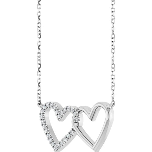 14K White Gold Diamond Double Interlocking Heart Necklace