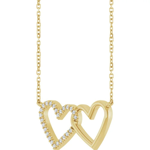 14K Yellow Gold Diamond Double Interlocking Heart Necklace