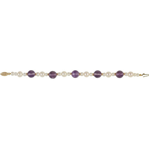 14K Gold Amethyst & Pearl Station Beaded Bracelet