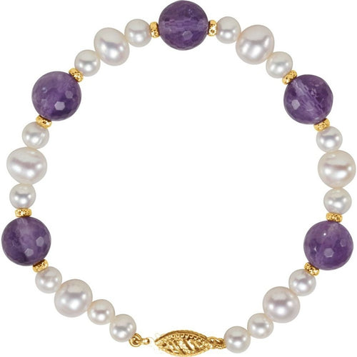 14K Gold Amethyst & Pearl Station Beaded Bracelet