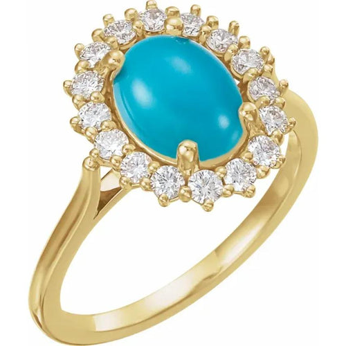 Yellow Gold Natural Turquoise & Diamond Halo Ring