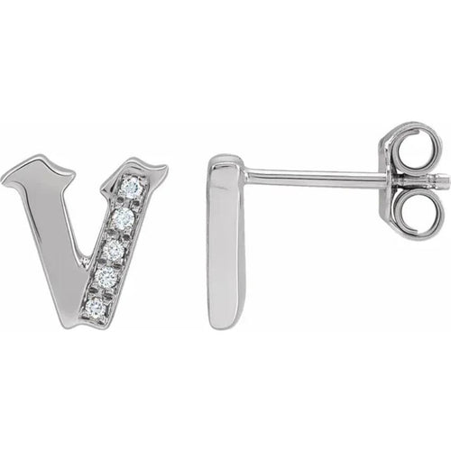 White Gold Diamond Gothic Initial Earring