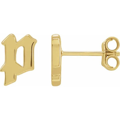 Yellow Gold Gothic Initial Earring