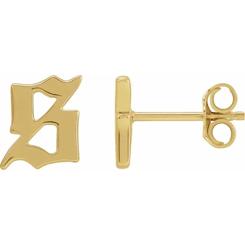 Yellow Gold Gothic Initial Earring